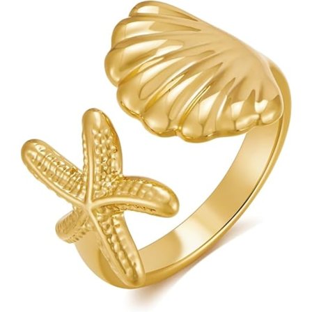 Gullring for kvinner Skjell Sjøstjerne Ring Statement Ring Gull Sjøskjell Ring Justerbar Ring Sommer Hav Gullringer Mote Strand Sjøskjell Ring Smykker
