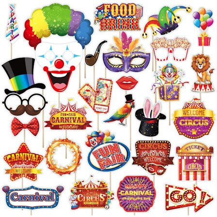 Karneval Foto Booth Rekvisitter, 30 stk. Cirkus Karneval Foto Rekvisitter - Karneval Tema Fest Dekorationer Selfie Billed Rekvisitter, Cirkus Foto 
