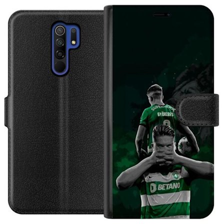 Yhteensopiva Lompakkokotelo Xiaomi Redmi 9 Neonmotiivi, jossa teksti "Gaming is in my DNA" sinisenä ja punaisena tiiliseinällä, jossa loistava DNA-spi