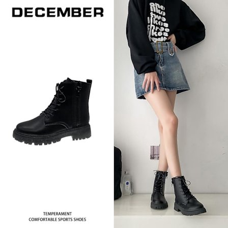 Martin boot för kvinnor korta stövlar med snörning Chunky lågklackat mid-vad stövlar 2K9001