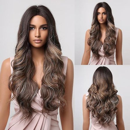 Lille Lana Naturlig Sort Lang Krøllet Syntetisk Paryk Med Pandehår Til Kvinder Kropsbølge Mørkebrun Parykker Cosplay Dagligt Hår Varmebestandig(LC2017