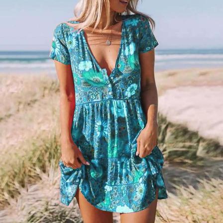 Kvinnor Plus Size Blommor Print Mini Klänning V-neck Kort Ärm Fol