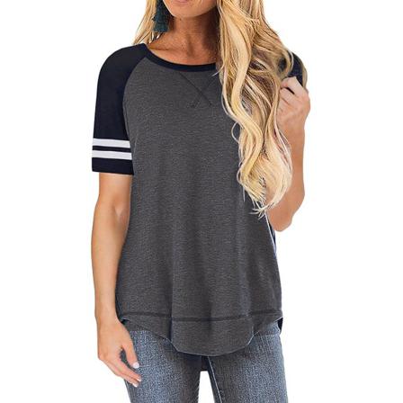 Dam Summer Top T-shirt Med Rund Hals Kontrastsömmar Kort Sl