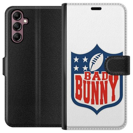 Kompatibelt Lommeboketui til Samsung Galaxy A14 5G Bad Bunny rød grafisk plakat med portrett og typografi i latinamerikansk popdesign