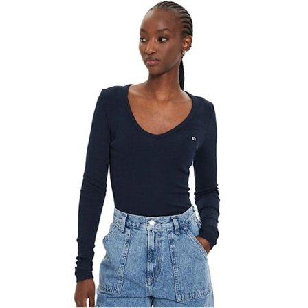 T-shirt ML Col V bomull stretch - Tommy Jeans.