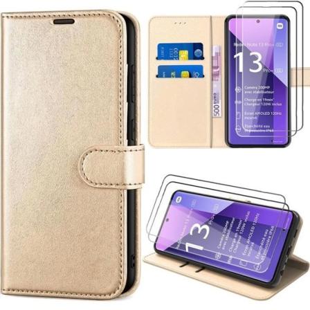 Etui + 2 hærdede briller til Xiaomi Redmi Note 13 Pro+ 5G - Note 13 Pro Plus 5G, lædereffekt med kortpladser, guld