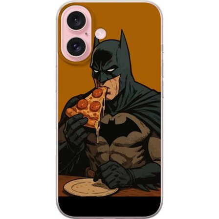 Kompatibelt Mobildeksel til Apple Apple iPhone 16 Batman spiser pizzaplakat DC Comics morsom tegneserie retro helt mat humor illustrasjon design kunst