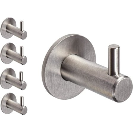 Sæt med 5 designer knager i børstet rustfrit stål med enkelte kroge og beslag inkluderet. Mat sølv