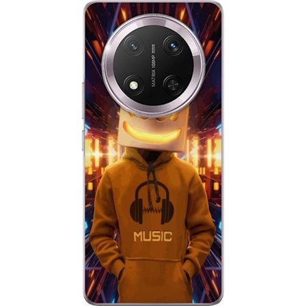 Yhteensopiva Puhelinkuori Honor Honor Magic7 Lite DJ-hahmo valaisevassa kypärässä ja hupparissa futuristisessa musiikkiympäristössä neonvalojen