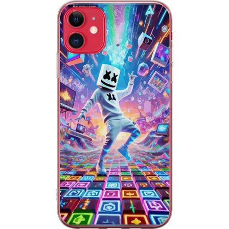 Kompatibel Mobilcover til Apple iPhone 11 Marshmello danser i et neonfyldt digitalt landskab, hvor farver, symboler og teknologi flyver rundt og skabe