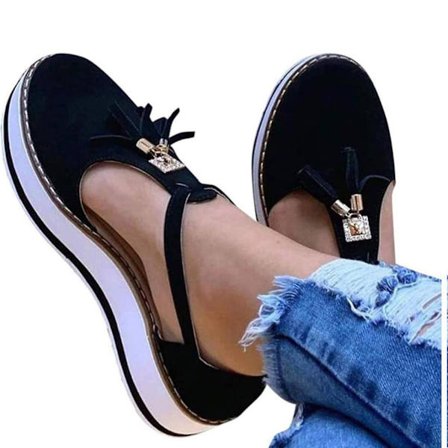 {xjxj}(Sort US 7) Dame sandaler med læderkvaster, lukket tå, plateau sandaler, justerbar ankelrem med spænde, skridsikre og komfortable