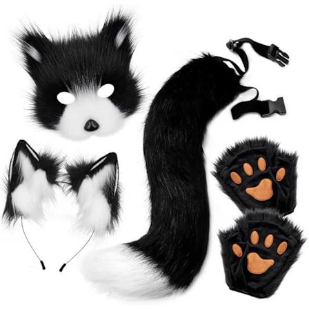 Pehmoinen naamio kettuhännällä ja korvasetillä, kissanhäntä kettupuku cosplay-asu kissankorvilla ja tassukäsineillä halloween cosplay mustavalkoinen[