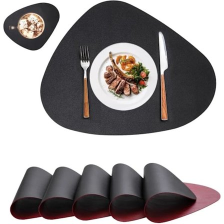 Svart og Rød Oval Bordbrikker Sett med 6, Kunstskinn Bordbrikker, Dobbeltsidige Underlag for Runde Bord, Vanntette Sklisikre Bordbrikker