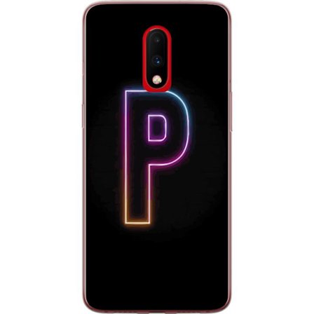 Kompatibel Mobilcover til OnePlus OnePlus 7 Minimalistisk neonbogstav P i farvegradient og lyseffekt mod sort baggrund i digital neonstil