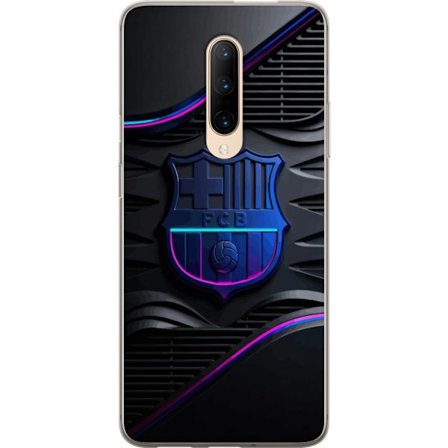 Kompatibelt Mobildeksel til OnePlus 7 Pro FC Barcelona klubbemblem i neonblått og rosa med futuristisk metallisk design