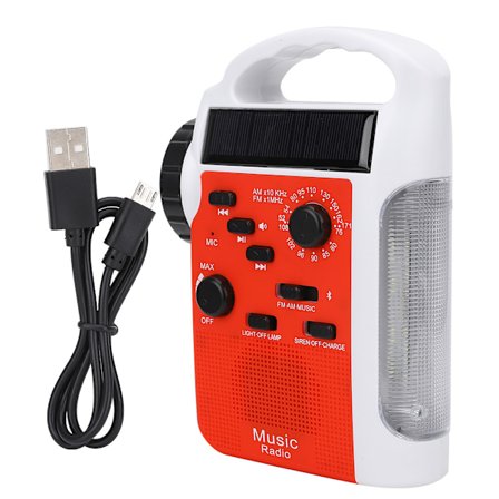 Aurinkoenergiaa ja käsikäyttöinen, monitoiminen muoviradio AM/FM, matkapuhelimen virtapankki, LED-taskulamppu ja hätähälytin (punainen)