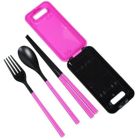 Miljøvenligt bestiksæt med æske, bærbart foldbart bestik til udendørs brug, gaffel ske spisepinde, rosarød