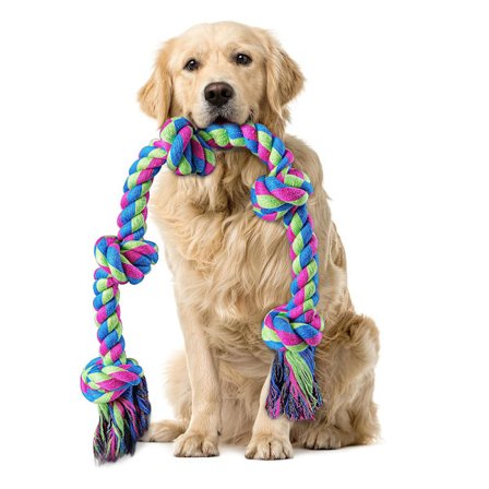 Et tauleketøy egnet for store og mellomstore hunder, et slitesterkt tyggeleketøy med fem knuter, ideelt for tannrengjøring og drakamp.