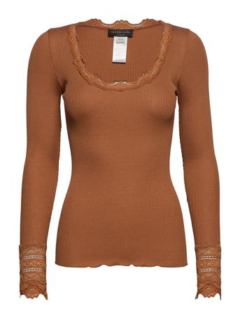 Silk T-Shirt W/ Lace T-shirts & Tops Long-sleeved Brun Rosemunde