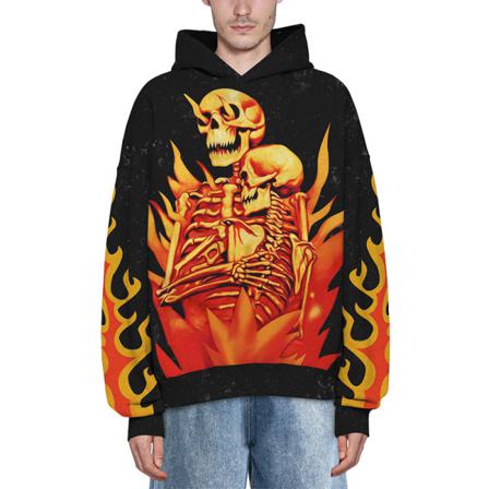 Damer Skull Print Pullover Color Block Hooded Tops