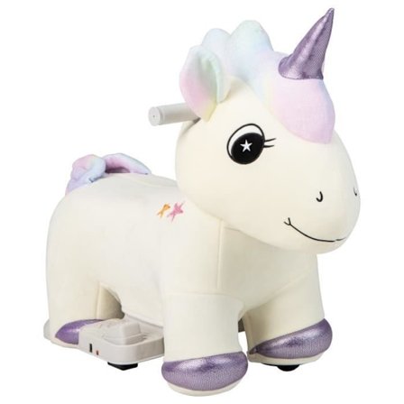 COSTWAY Unicorn plysch elbil för barn med musik, sidopedal och halkfritt styre, 25 kg belastning, 3 år+
