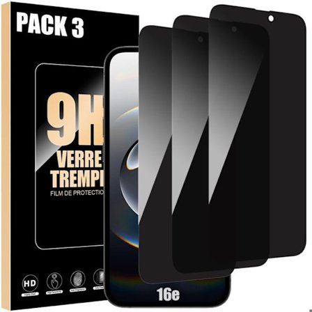 Skyddande film - Glas - för iPhone 16e - Härdat glas - Anti-spion - Paket med 3