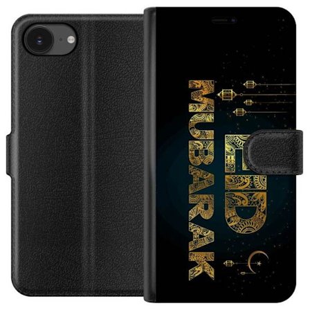 Kompatibelt Lommeboketui til Apple iPhone 16e Gyldent Ramadan-motiv med dekorativ typografi, lykter, halvmåne og stjerner på en mørk bakgrunn