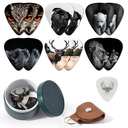 Guitar Plektre, Guitar Plektre Sæt med Læder Plekterholder og Metalæske, Unik Kunstnerisk Celluloid Guitar Plekter til Bas Elektrisk Guitar