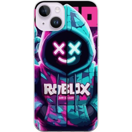 Kompatibel Mobilcover til Apple iPhone 15 Roblox neon hættegenser close-up med intensiv close-up af kostume karakter i pink og blå neon lys, der giver