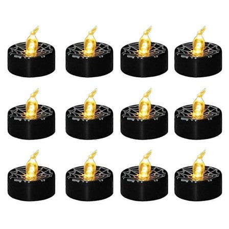 2025 12st Halloween LED Spindelväv Lampa Svart Ljus Tealight Lampa Dekor för Hem Bar Party Blinkande Varmvit