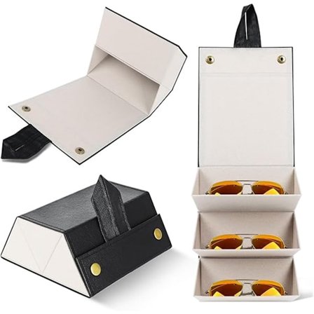 Brilleetui med flere linser - 3 linseplasser - Sammenleggbart - Reisebrilleetui - Svart - 16*13*6 cm