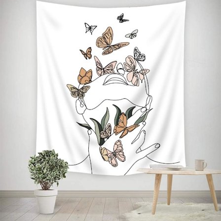 Enkel kvinde blomst med farverig sommerfugl hvid gobelin til B