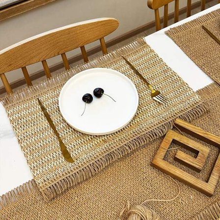 Jul färgblock vävd bordstablett, papperssnöre och jute blandad isoleringsmatta, 45x30cm, juldekoration matta,007