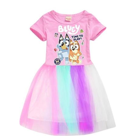 Bluey trykt kjole sommer casual ferie prinsesse fest regnbue nederdel kjole gaver 3-12 år børn piger[HK] Pink 5-6 Years