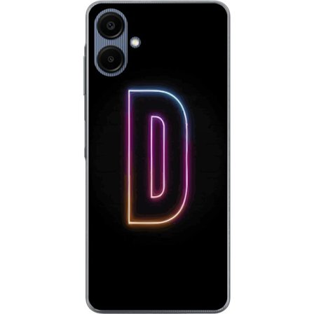 Kompatibel Mobilcover til Samsung Samsung Galaxy A06 Minimalistisk neonbogstav D i farveskiftende lys mod sort baggrund i moderne digital design