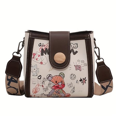 Naisten Söpö Karhu Piirroskuvioinen Bucket-laukku 2025 Uusi Malli - Valkoinen Olkalaukku Säädettävällä Leveällä Hihnalla, Nepparikiinnityksellä ja 