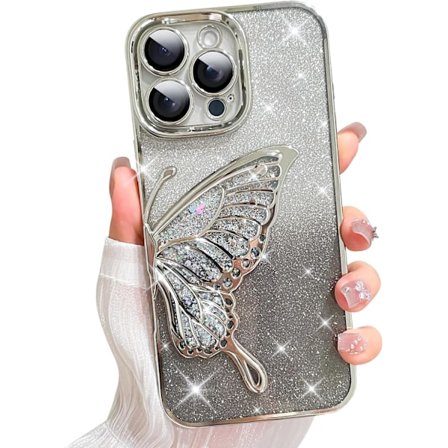 iPhone 16 Pro Max -puhelimelle, Söpö Tyttömäinen Ylellinen Bling Liikkuva Hiekka 3D Perhoskuvio Naisille Tytöille (iPhone 16 ProMax -puhelimelle) - 