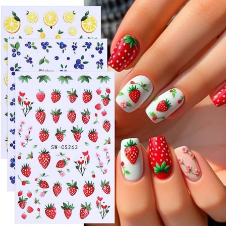 Frukt Nagel Stickers Citron Blåbär Jordgubbe Nageldekaler 6ST 3D Självhäftande Sommar Nagelkonst Stickers Söta Frukt Nagelkonst Tillbehör för Kvinnor 