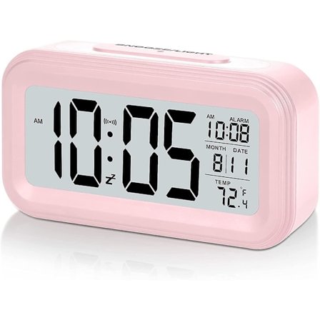 Batteridrevet digitalt vækkeur, LCD-ur elektronisk til soveværelse hjemmekontor, med dato, indendørs temperatur, snooze-lys, lille størrelse, 