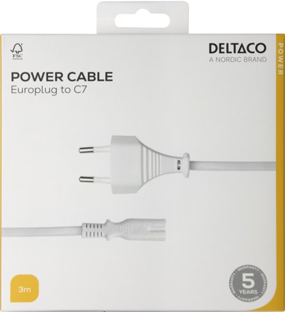 Deltaco Power cord CEE 7/16 - C7, 3,0m, white
