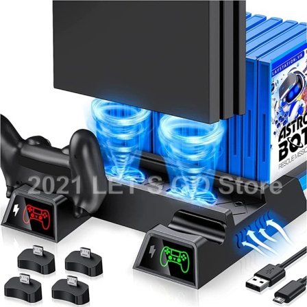 PS4 Slim Pro Vertikal Stativ 2 Kontroller lader stasjon 2 kjøler vifte 12 spill spor