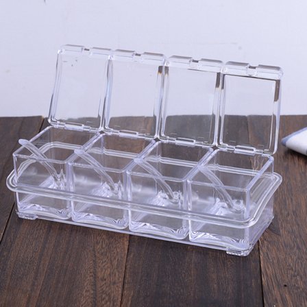 2 stk. køkken gennemsigtig krydderibøtte, krydderiglas, plastbeholder med låg og ske