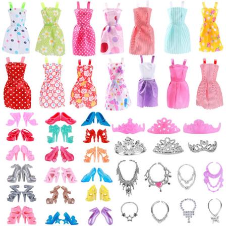 32 Barbie-dockkläder, 10 kläder 10 par skor 6 halsband 6 kronor slumpmässig stil Barbie-kläder docktillbehör för 11-tums Barbie-docka, produktfärg och