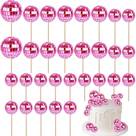 30 stk. Disco Kugle Cupcake Toppers, Mini Disco Tema Kagepynt med Pinde til Desserttilbehør Kagedekorationer