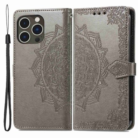 Mandala iPhone 14 Pro Max Läppäkotelo - Harmaa