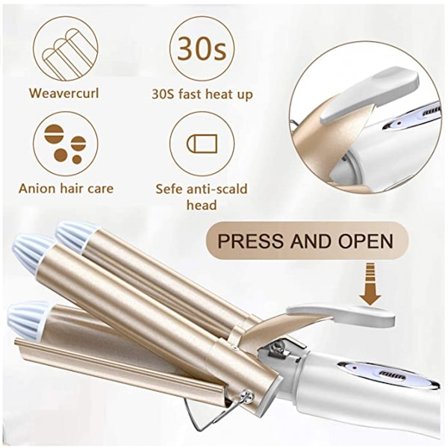 Hårbølger 3-tønnet krølltang - Hårkrøller for langt hår 22mm med 2 temperaturkontroll 30s rask oppvarming for langt eller kort hår-UK standardplugg