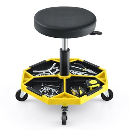 COSTWAY Pneumatisk Verkstadspall med 4 Universella Hjul, Verktygsfack, Bäddad Sits, Max Kapacitet 150 kg Gul