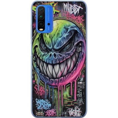 Yhteensopiva Puhelinkuori Xiaomi Redmi Note 9 4G Värikäs graffitipiirros pahansuipasti hymyilevästä hirviökasvoista, jossa valuvat neonvärit