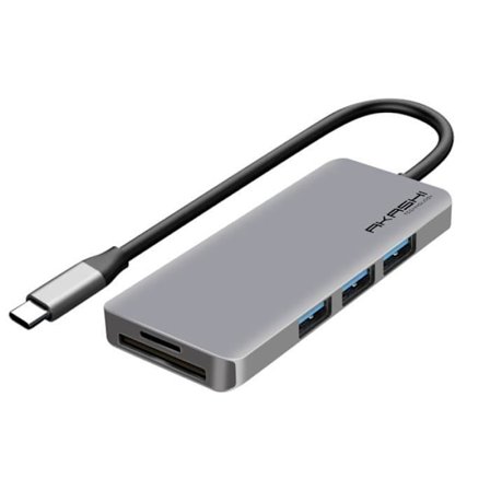 Hub USB-C 3x USB 1x HDMI 1x USB-C 1x 1 Indgang micro-SD / SD Compact Akashi Grå