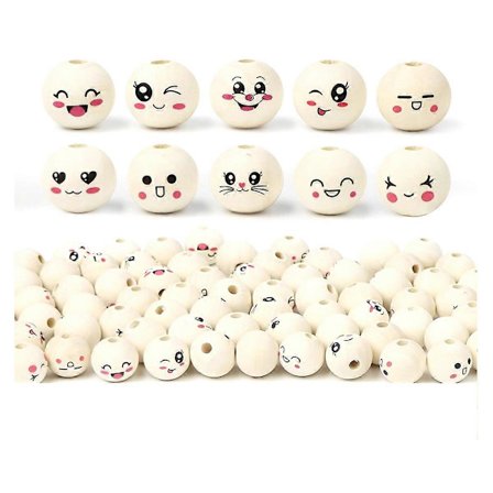 10 Stilar Träpärlor med Ansikte, Förpackning med 100 Träkulor med Ansikte 20 mm med Hål, Trähuvuden med Ansikte för Hantverk